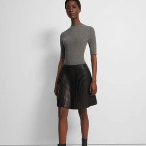 Theory Black Pleat Leather Mini Pencil Skirt